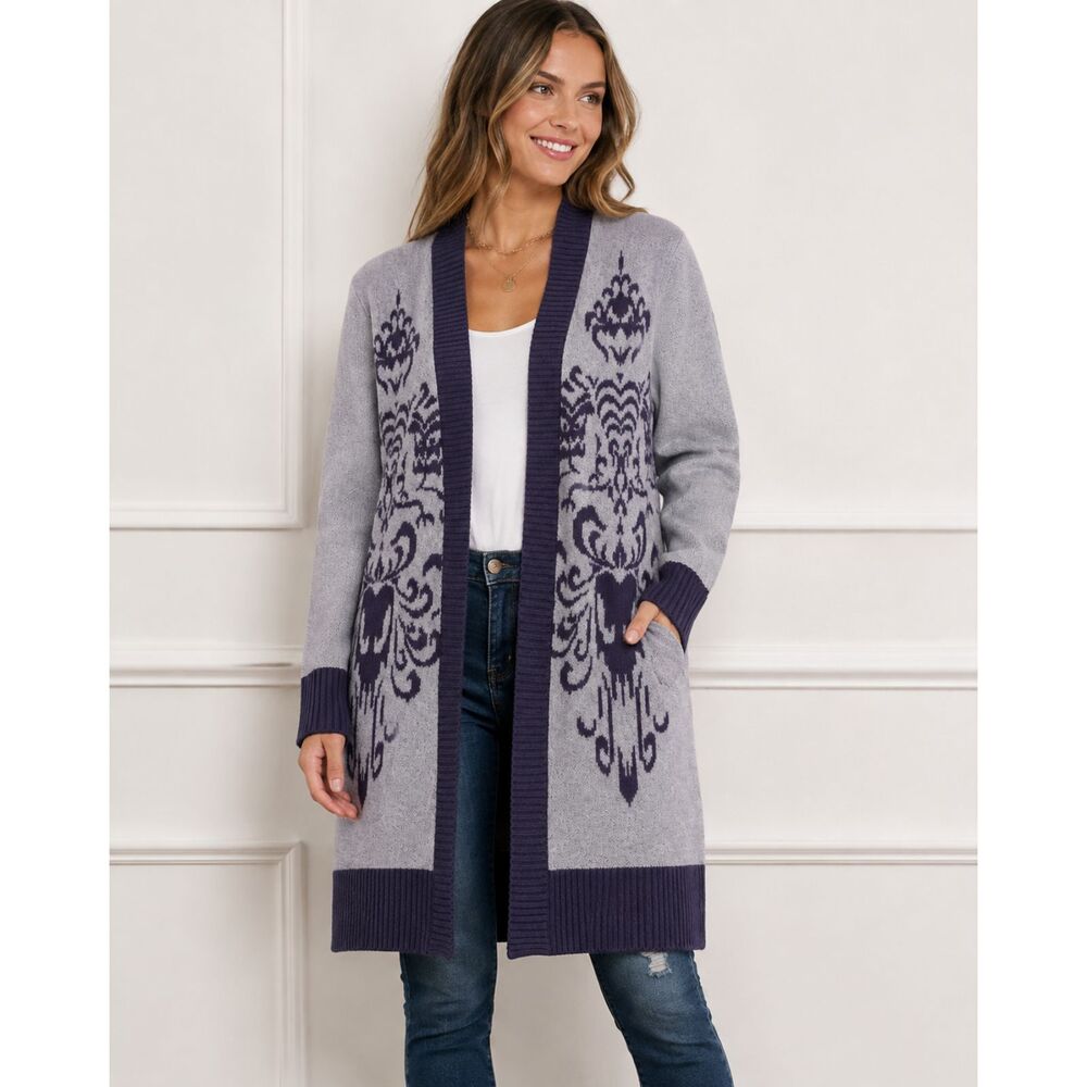 Disney Haunted Mansion Gray Purple Wallpaper Cardigan Sweater Women's Size Large